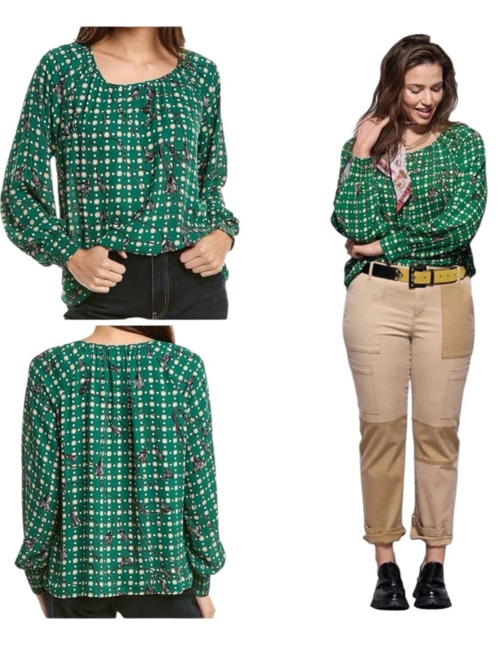 CAbi “Voyage” Green Printed Long-Sleeve Peasant Blouse